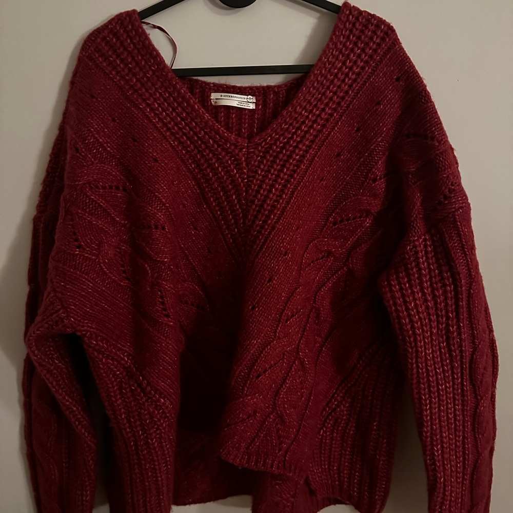 Anthropologie Pink V-Neck Sweater with Chunky Knit
